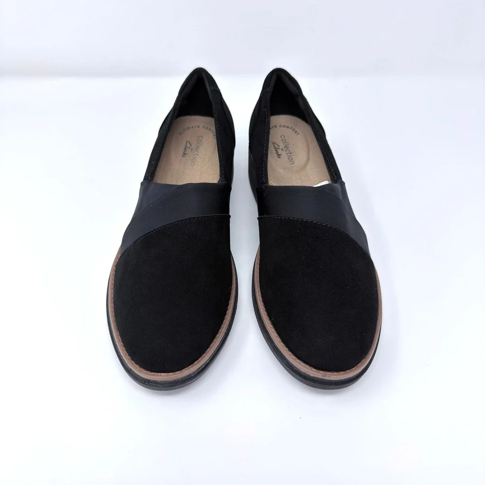 Clarks Sharon Pump Black Suede Wedge Loafers Womens 5.5M Slip On Shoes